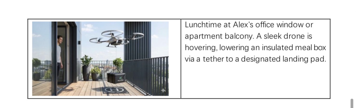 Storyboard panel 3: The daily experience. A professional grabbing a meal from their fridge, heating it quickly, and eating a nutritious meal in minutes. This demonstrates the time savings and ease of use—no cooking, no cleanup, just healthy food when you need it.